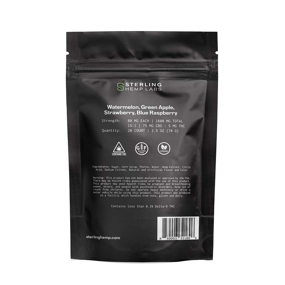 Extra Strength CBD Gummies 20 Count 75mg CBD 5mg THC Gummies - Back Side